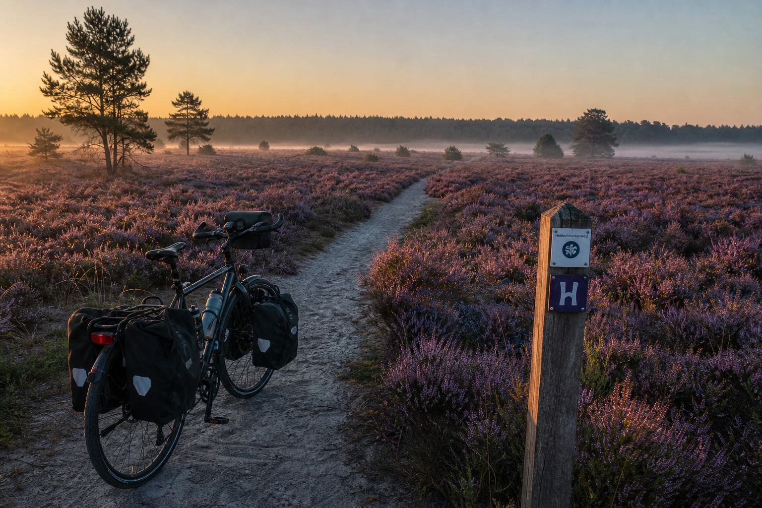 Radfahrer auf einem Weg durch die Heide