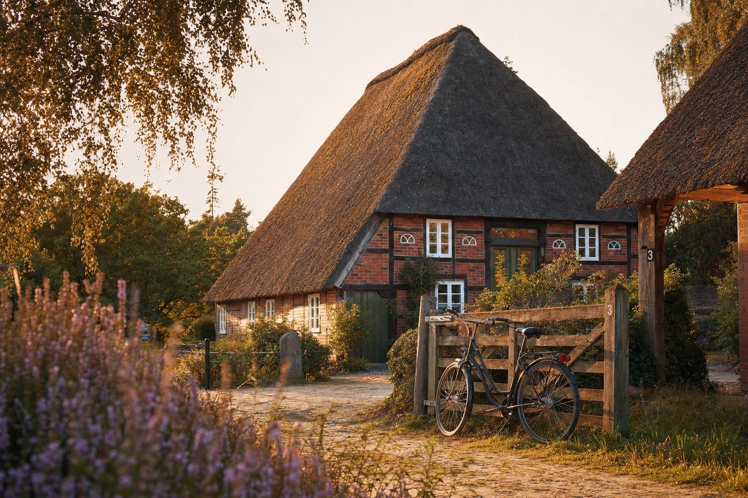 Reetgedecktes Haus in einem Heidedorf
