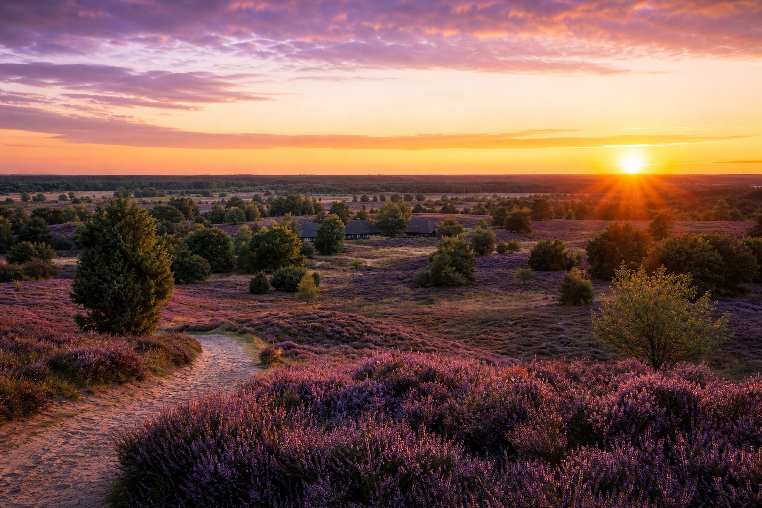 Sonnenuntergang über der Heide am Wochenende